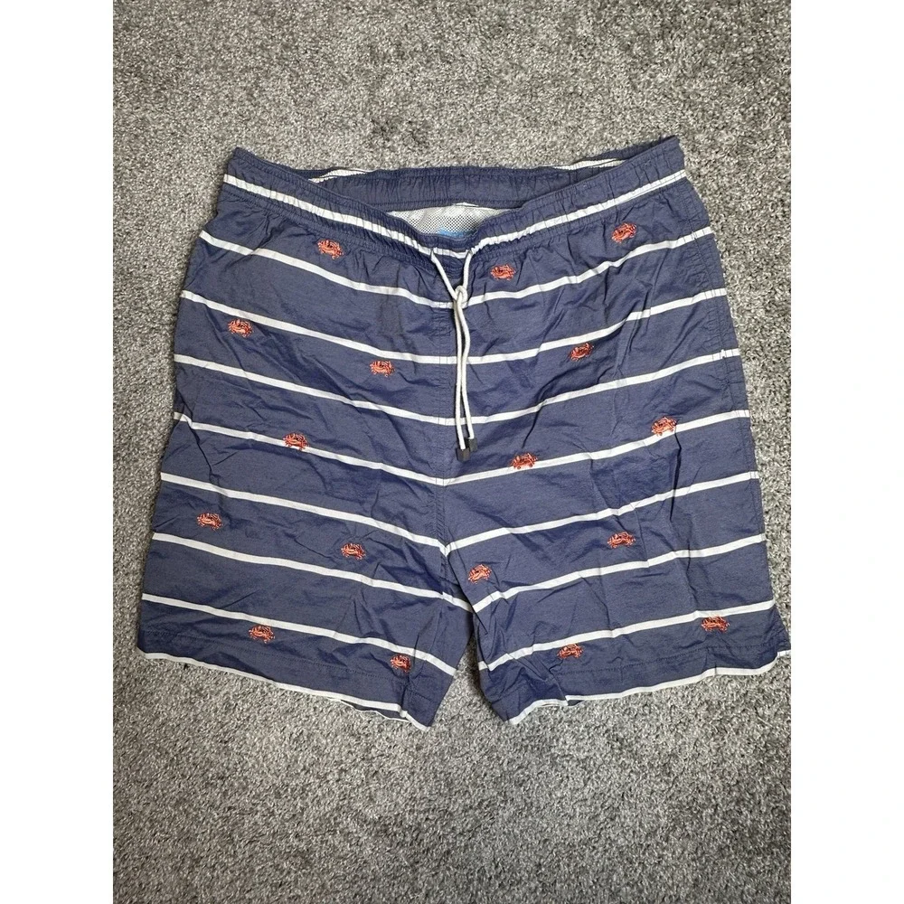 J McLaughlin Gibson Embo Swim Trunks Mens L Navy Stripe Crab Embroidered